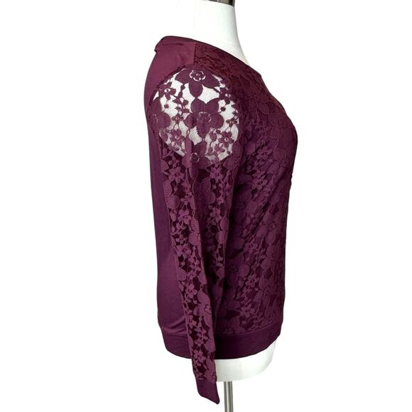 Adrianna Papell Lace Overlay Crew Neck Long Sleeve Top in Merlot Women's Large - Picture 10 of 15